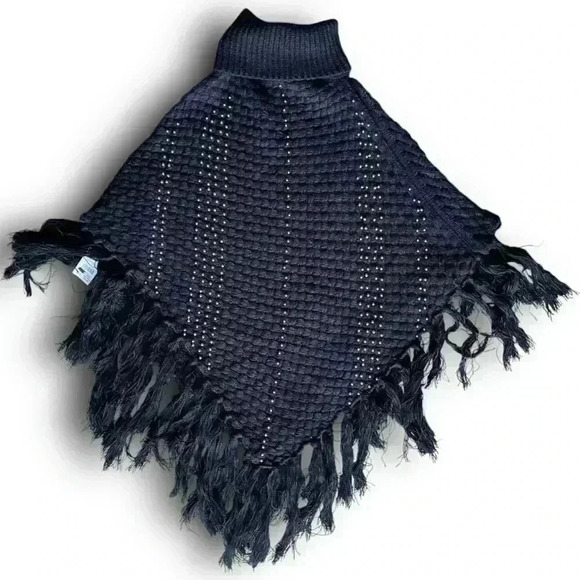 Cato Sweaters - black chunky knit pullover poncho studded fringe sweater turtleneck tassels osfa